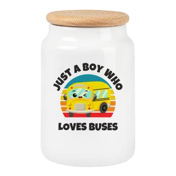 Garçon qui aime les bus Kawaii Retro School Bus - Boîte à biscuits avec couvercle en bois - blanc - Devant
