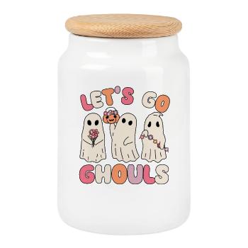 Allons goules groovy fantôme avec des fleurs vintage - Boîte à biscuits avec couvercle en bois - blanc - Devant