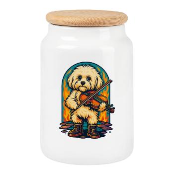 Chiot fougueux jouant du violon, amoureux des chiens - Boîte à biscuits avec couvercle en bois - blanc - Devant