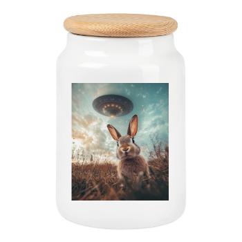 Hase Selfie mit UFO - Keksdose mit Holzdeckel - Weiß - Vorne