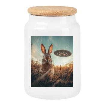 Hase Selfie mit UFO - Keksdose mit Holzdeckel - Weiß - Vorne