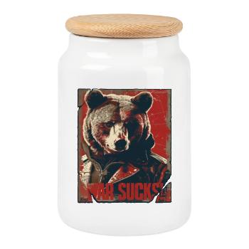 Ours flagrant dans la conception de la veste en cuir, la guerre est agaçante - Boîte à biscuits avec couvercle en bois - blanc - Devant