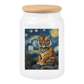 Tigre style Van Gogh Nuit étoilée - Boîte à biscuits avec couvercle en bois - blanc - Devant