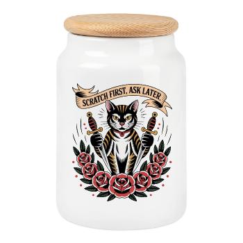Grattez le premier chat - Boîte à biscuits avec couvercle en bois - blanc - Devant