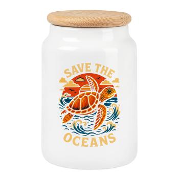 Save the Oceans Turtle Illustration - Cookie Jar with Wooden Lid - white - Front