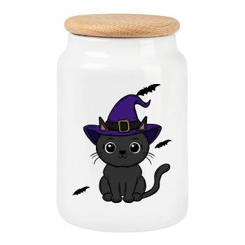 Katze Halloween - Keksdose mit Holzdeckel - Weiß - Vorne
