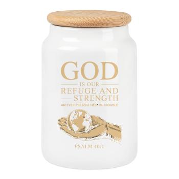 God Is Our Refuge and Strength – Psalm 46:1 - Cookie Jar with Wooden Lid - white - Front