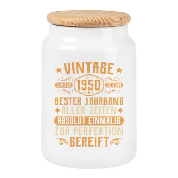Vintage 1950 year of birth - 75th birthday - Cookie Jar with Wooden Lid - white - Front
