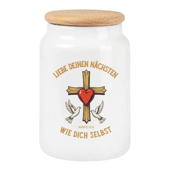 Herz Kreuz Christentum Bibel Liebe deinen Nächsten - Keksdose mit Holzdeckel - Weiß - Vorne