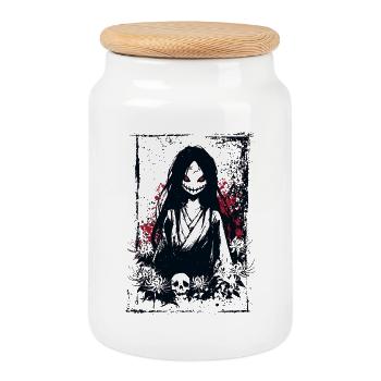 Fille Manga Effrayante avec Kimono et Crâne - Boîte à biscuits avec couvercle en bois - blanc - Devant