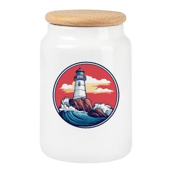 Phare au bord de la mer - Boîte à biscuits avec couvercle en bois - blanc - Devant