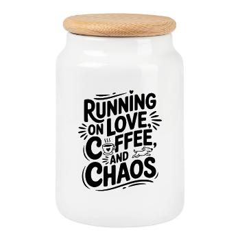 Laufen auf Liebe, Kaffee und Chaos - Keksdose mit Holzdeckel - Weiß - Vorne