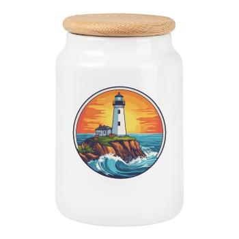 Phare au bord de la mer au coucher du soleil - Boîte à biscuits avec couvercle en bois - blanc - Devant