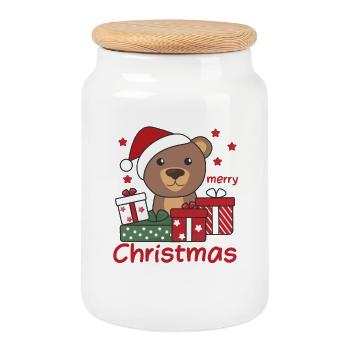 Bear Christmas Gift Winter Animals Bears - Cookie Jar with Wooden Lid - white - Front