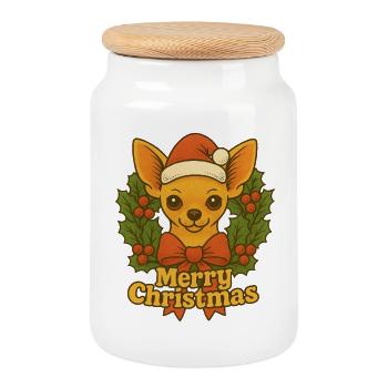 Festive Chihuahua Santa Greeting - Cookie Jar with Wooden Lid - white - Front