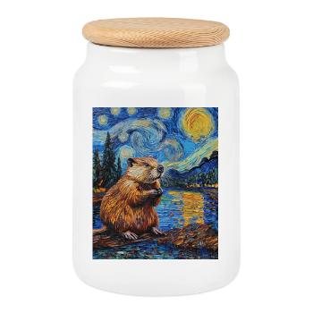 Bieber dans le style de Van Gogh, La Nuit étoilée - Boîte à biscuits avec couvercle en bois - blanc - Devant