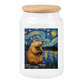 Bieber dans le style de Van Gogh, La Nuit étoilée - Boîte à biscuits avec couvercle en bois - blanc - Devant