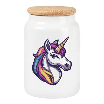 Illustration de tête de licorne colorée - Boîte à biscuits avec couvercle en bois - blanc - Devant