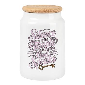 Silence – God Speaks Design - Cookie Jar with Wooden Lid - white - Front