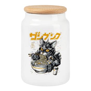 Cyber cat eating ramen - Cookie Jar with Wooden Lid - white - Front