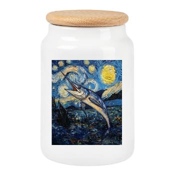 Blue Marlin Fish Van Gogh Style Starry - Cookie Jar with Wooden Lid - white - Front