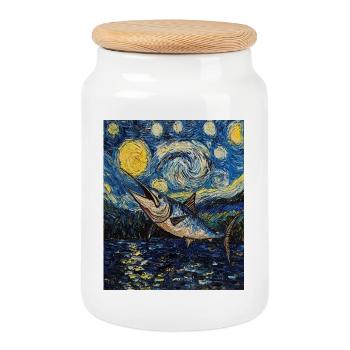 Blue Marlin Fish Van Gogh Style Starry - Cookie Jar with Wooden Lid - white - Front