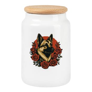 Berger allemand élégant avec motif rose - Boîte à biscuits avec couvercle en bois - blanc - Devant