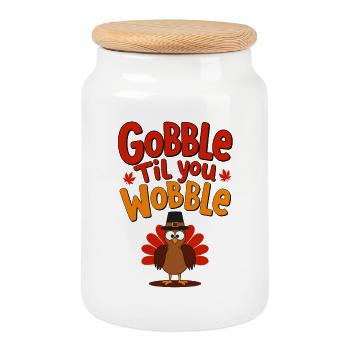 Gobble Til You Wobble - Thanksgiving Turkey - Cookie Jar with Wooden Lid - white - Front