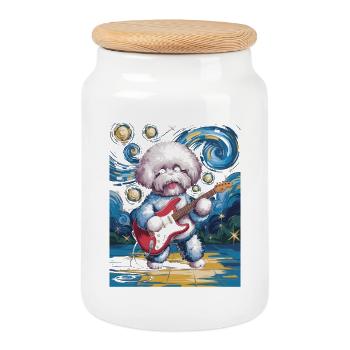 Starry Night Bichon Frise - Cookie Jar with Wooden Lid - white - Front