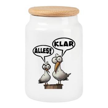 Funny seagulls with speech bubbles All clear - Cookie Jar with Wooden Lid - white - Front