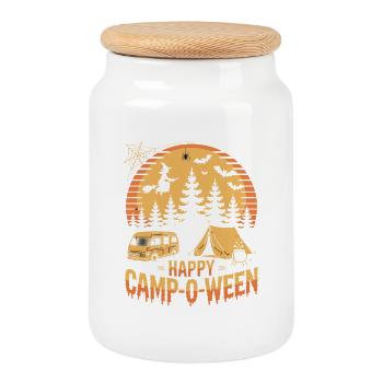 Happy Camp-o-Ween Camper Hiker Halloween Camping - Cookie Jar with Wooden Lid - white - Front