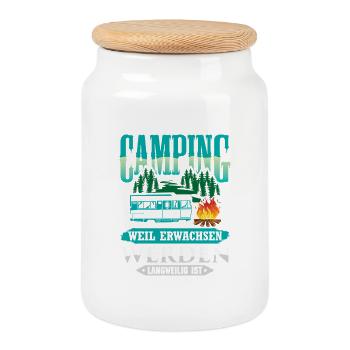 Camper Camping Wohnwagen Spruch - Keksdose mit Holzdeckel - Weiß - Vorne