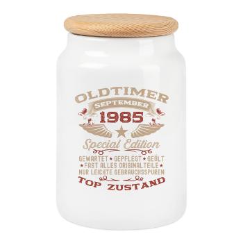 40th Birthday Gift Classic Car September 1985 - Cookie Jar with Wooden Lid - white - Front