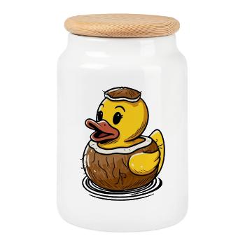 Cute duck in a coconut - Cookie Jar with Wooden Lid - white - Front