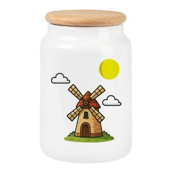 Malerischer Windmühlen-Print im Vintage-Stil - Keksdose mit Holzdeckel - Weiß - Vorne