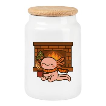 Axolotl Noël douillet au coin du feu - Boîte à biscuits avec couvercle en bois - blanc - Devant