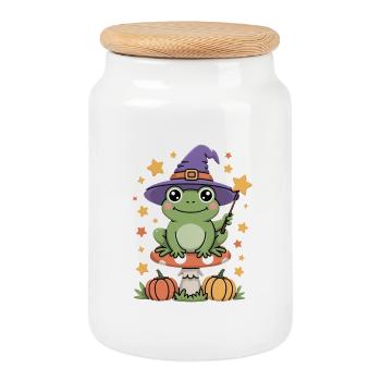 Witch frog on toadstool with pumpkins - Cookie Jar with Wooden Lid - white - Front