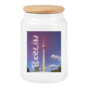 Berlin Fernsehturm Neon Design - Keksdose mit Holzdeckel - Weiß - Vorne