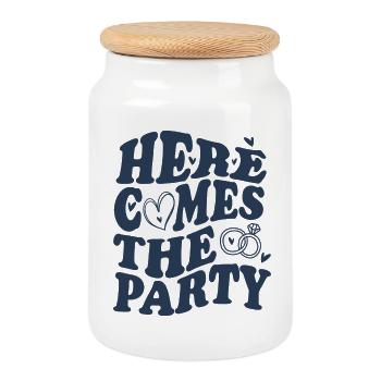 Here Comes the Party – Mariage - Boîte à biscuits avec couvercle en bois - blanc - Devant