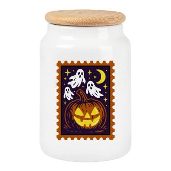Fantôme, Costume de fête d’Halloween - Timbre-poste - Boîte à biscuits avec couvercle en bois - blanc - Devant