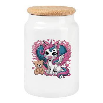 Niedlicher Einhorn-Freund mit Flügeln - Keksdose mit Holzdeckel - Weiß - Vorne