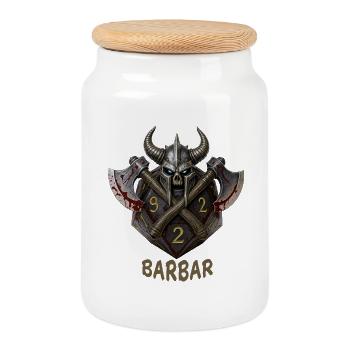 D20 with Axes & Horned Helmet – Barbarian Fantasy Dice - Cookie Jar with Wooden Lid - white - Front