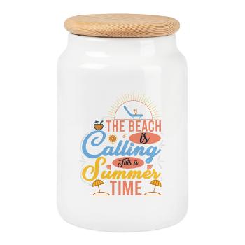Sommerliches Strand-Design mit Sonnenmotiven - Keksdose mit Holzdeckel - Weiß - Vorne