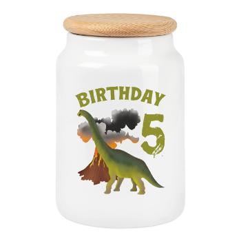 5 Year Old Birthday Boy Dino Volcano - 5th - Cookie Jar with Wooden Lid - white - Front