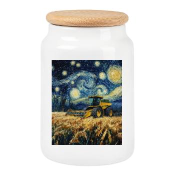 Combine Harvester Farmer Van Gogh Style Starry - Cookie Jar with Wooden Lid - white - Front
