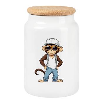 Singe cool avec lunettes de soleil et casquette - Boîte à biscuits avec couvercle en bois - blanc - Devant