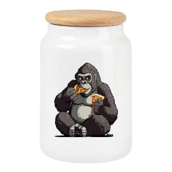 Gorilla genießt Pizza Illustration - Keksdose mit Holzdeckel - Weiß - Vorne