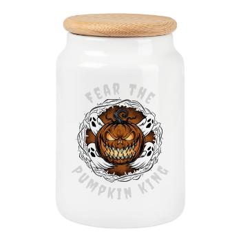 Fear the Pumpkin King - Design d’Halloween effrayant - Boîte à biscuits avec couvercle en bois - blanc - Devant