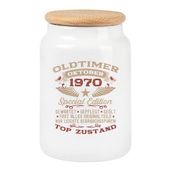 55th Birthday Gift Vintage Car October 1970 - Cookie Jar with Wooden Lid - white - Front
