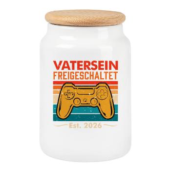 Werdender Papa VATERSEIN FREIGESCHALTET 2026 - Keksdose mit Holzdeckel - Weiß - Vorne